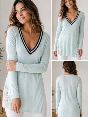 Kokun Cashmere Bamboo Tunic Sweater Small Mint Blue Striped V Neck Like New